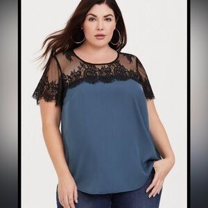 Torrid Top Women 4X Satin Lace Shirt Teal Black Short Sleeve B24